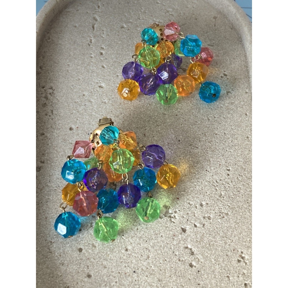Rainbow‎ Faceted Bead Cluster Earrings Colorful Clip On Dangle Chunky Party